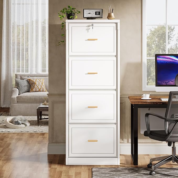 Tribesigns 4 Drawer File Cabinet with Lock, Locked File Cabinet with Key, Tall Wooden Filing Cabinets for Home Office, Vertical Office Storage for Legal Size/Letter/A4/Files, White