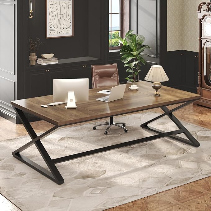 IBF Wood Large Computer Desk, 70.8” Long Home Office Desk for Two Person, Farmhouse Work Study Writing Table in Bedroom, Simple Wide Metal Executive Double PC Gaming Workstation, Rustic Oak