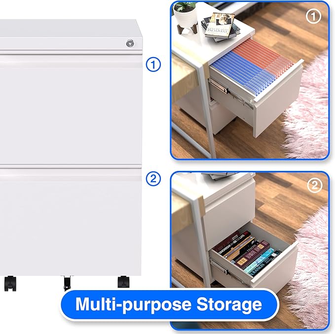 METAN 2 Drawer File Cabinet with Lock, Mobile Under Desk Filing Cabinet for Office Legal/Letter Size, Fully Assembled Except Wheels,White