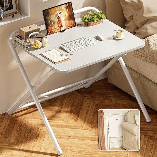 Huuger Folding Desk with 3-Level Adjustable Height and Tablet Slot, 24 Inch Foldable Computer Desk for Small Spaces, Space Saving, Writing Work Table for Home Office, Bedroom, Study, White