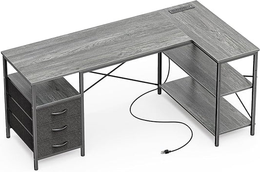 Huuger L Shaped Office Desk with Power Outlets, 55 Inch Computer Desk with 3 Drawers, Shelves, Reverisble for Gaming Corner Work Home Office Study, Grey