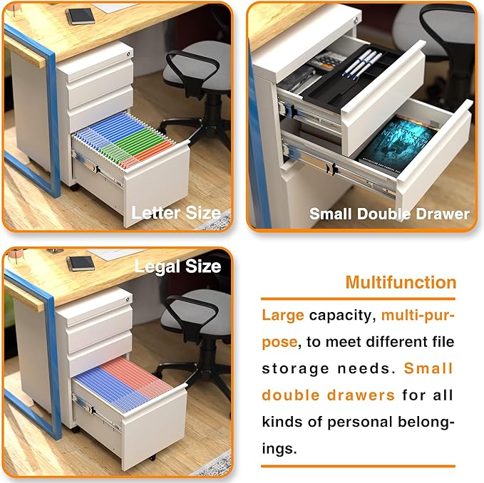 3 Drawer Metal Rolling File Cabinet with Lock, Under Desk Mobile Filing Storage Cabinet for Home Office School, Fully Assembled Except Wheels, White