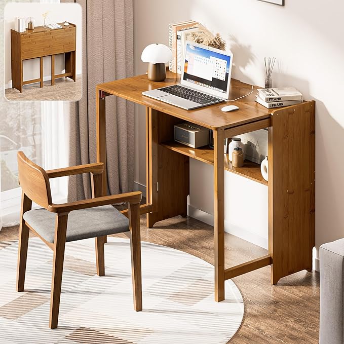 32.7" Bamboo Folding Desk, Space-Saving Foldable Computer Desk for Small Spaces, Portable Home Office Writing Desk for Bedroom, Study, or Apartment, Easy Assembly,Brown