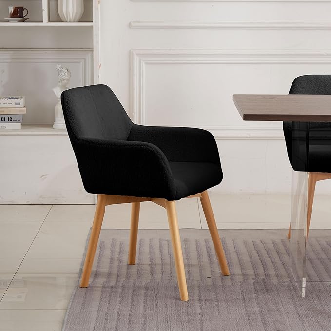 Desk Chair No Wheels Vanity Chair Comfy Accent Chair for Living Dining Room Bedroom Home Office Mid Century Modern Upholstered Armchair Sofa Chair (Wool Black, 1)