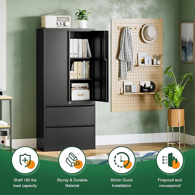 Letaya File Cabinet for Home Office, Metal Storage Cabinets with Adjust Shelves and Lock,2 Drawers Filing Cabinets-Hang Legal/Letter/A4/F4 Size Filing-Black