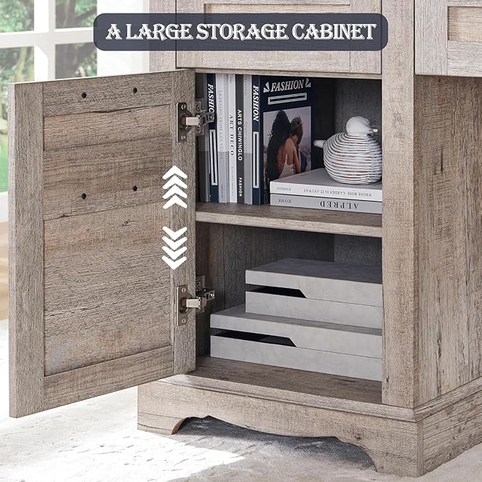 RedLemon 60" Farmhouse L Shaped Desk with Hutch, Wood Home Office Executive Desk with Drawer, Charging Station, File Drawer, Storage Cabinet, Rustic Writing Computer Desk (Light Rustic Oak)