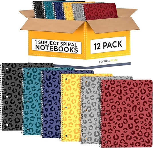 Spiral Notebooks College Ruled 1 Subject Spiral Notebook Pack of 12 Assorted Bold Colors, 8 x 10 1/2 Inch, 70 Sheets, Leopard Pattern Notebooks for Work & School