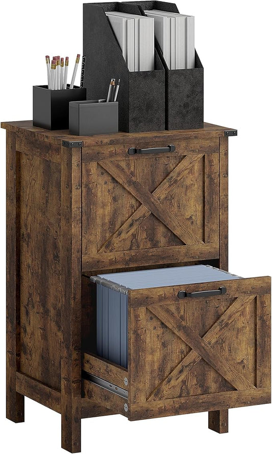 HOMCOM 2 Drawer Vertical File Cabinet with Silent Slides, Rustic Farmhouse Filing Cabinet with Barn Doors for A4/Letter Size, Printer Stand with Storage for Home Office, Rustic Brown