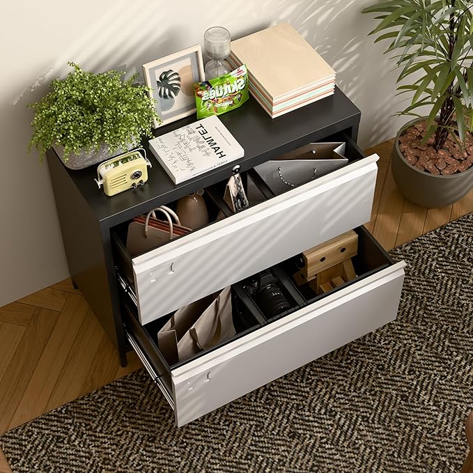SUXXAN Metal 2 Drawer Lateral File Cabinet with Lock & Adjustable Feet - Wide Filing Cabinet for Letter/Legal/F4/A4 Hanging Files - Includes Business Card Holder,Home Office School Storage,Black/Grey