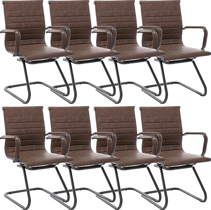 Wahson Office Guest Chairs No Wheels & Reception Chairs, Leather Waiting Room Chair Mid Back Conference Chair with Sled Base for Meeting/Lobby/Restroom, Brown (8 Pack)