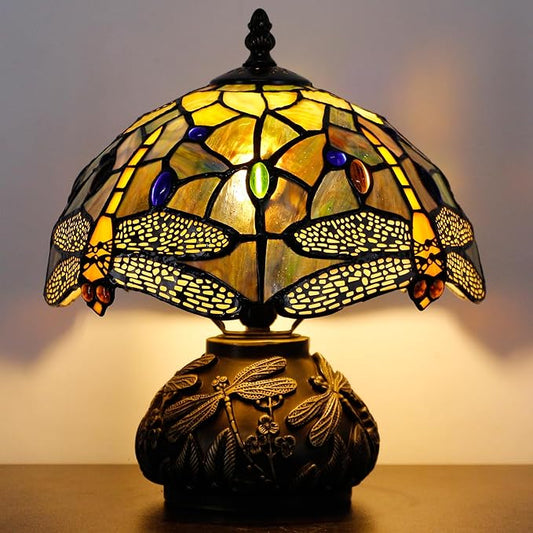 Small Tiffany Table Lamp Brown Dragonfly Style Stained Glass Desk Lamp 10X11.5 Inch Mushroom Table Light for Office Home Living Room Bedroom