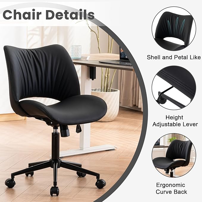 Rowill Armless Office Desk Chair, Ergonomic PU Leather Modern Task Chair with Back Adjustable Height, 360° Swivel Vanity Chairs with Wheels for Small Space, Home Office, Bedroom, Black