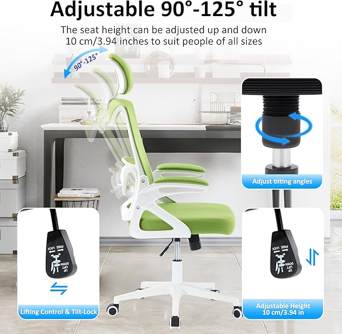 Fizzin Ergonomic Office Chair,Ergonomic Desk Chair with Headrest Mesh Computer Chair with High Back Adjustable Lumbar Support, Rolling Swivel Chairs with Wheel Armrests for Home Office (Green)