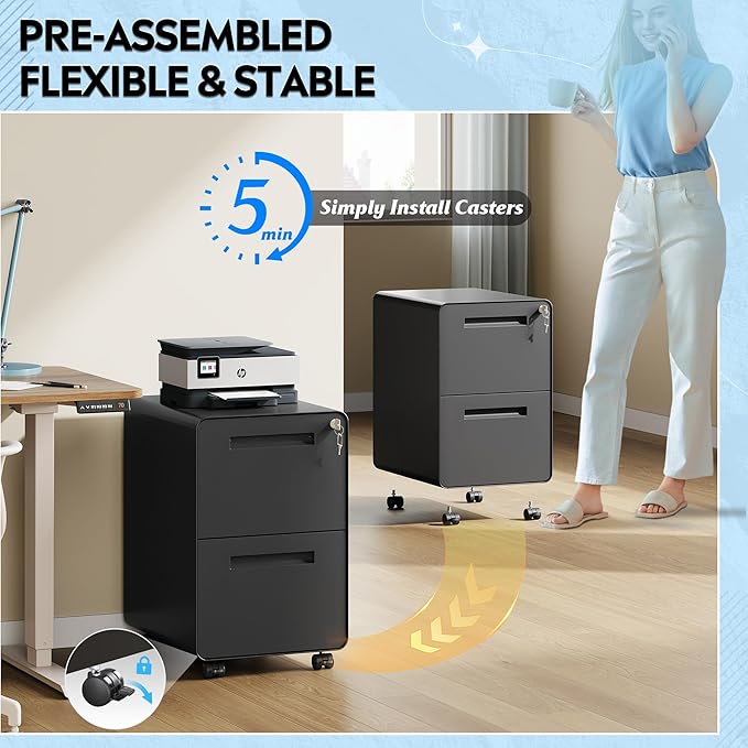 DEVAISE 2-Drawer Rounded Corner Metal File Cabinet with Lock, Mobile Filing Cabinet Under Desk for Home Office, Fully Assembled Printer Stand fits Letter/Legal Size, Black, 20" D x 15.8" W x 25" H