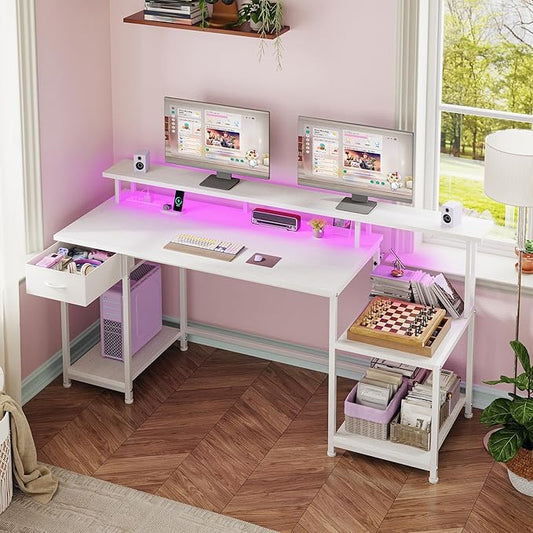 55" W Computer Desk, Office Desk with LED & Power Outlet, Gaming Desk with Printer Storage Shelves & Storage Drawer, Study Table with Monitor Shelf, Dorm Room Essentials, White