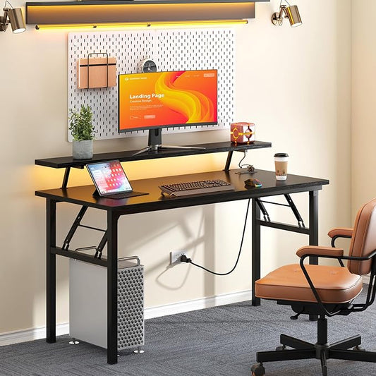 sogesfurniture 47 inch Computer Desk with LED Lights & Power Outlets, Folding Desk with Monitor Shelf, Wide Folding Table Writing Desk Foldable Home Office Desk, Black
