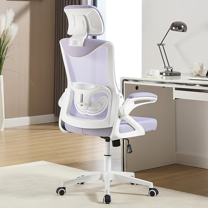 Fizzin Ergonomic Office Chair,Ergonomic Desk Chair with Headrest Mesh Computer Chair with High Back Adjustable Lumbar Support, Rolling Swivel Chairs with Wheel Armrests for Home Office (Lavender)