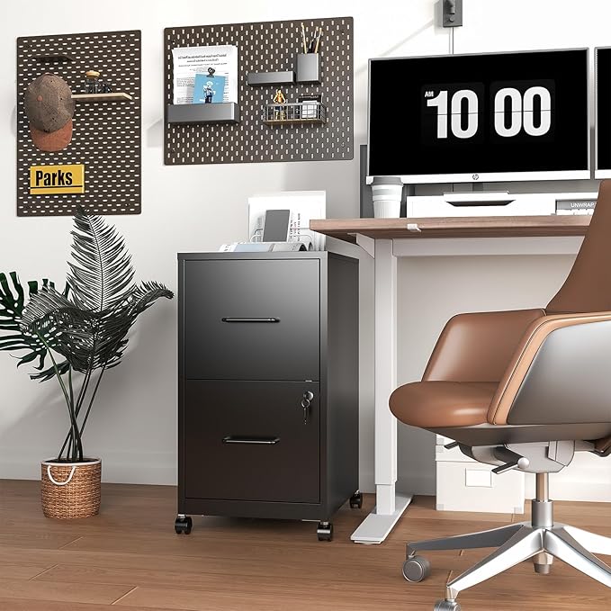 Mobile File Cabinet with Lock, 2 Drawer File Cabinets with Adujustable Feet and Wheels, Metal Office Storage Cabinet Under Desk,Vertical Filing Cabinets for Home Office, Required Assembly