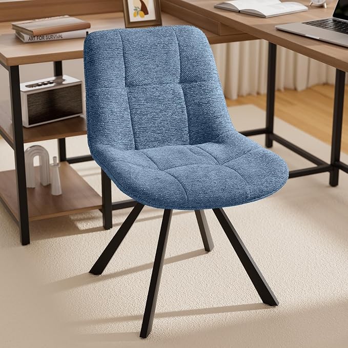 Mid Century Modern Armless Desk Chair No Wheels, Swivel Accent Chair, Velvet Upholstered Swivel Vanity Chair with Back and Metal Legs for Bedroom, Home Office, Ocean Blue
