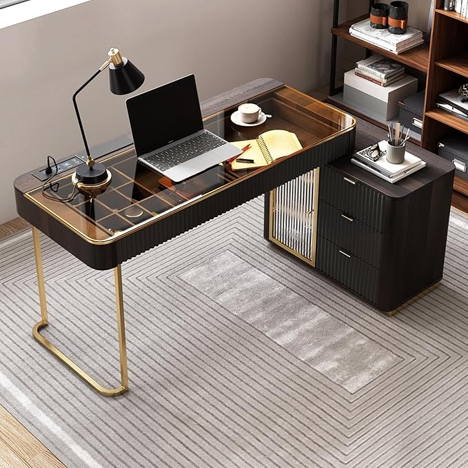 Lartis Office Desk, Very Easy to Assemble, Computer Desk, Home Telescopic Writing Desk, Modern Computer Desk with Retractable Cabinet Built-in LED Lights (Black Brown, 50 in)