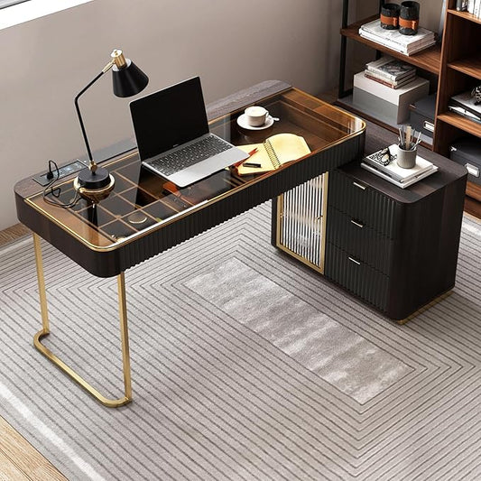 Lartis Office Desk, Very Easy to Assemble, Computer Desk, Home Telescopic Writing Desk, Modern Computer Desk with Retractable Cabinet Built-in LED Lights (Black Brown, 50 in)