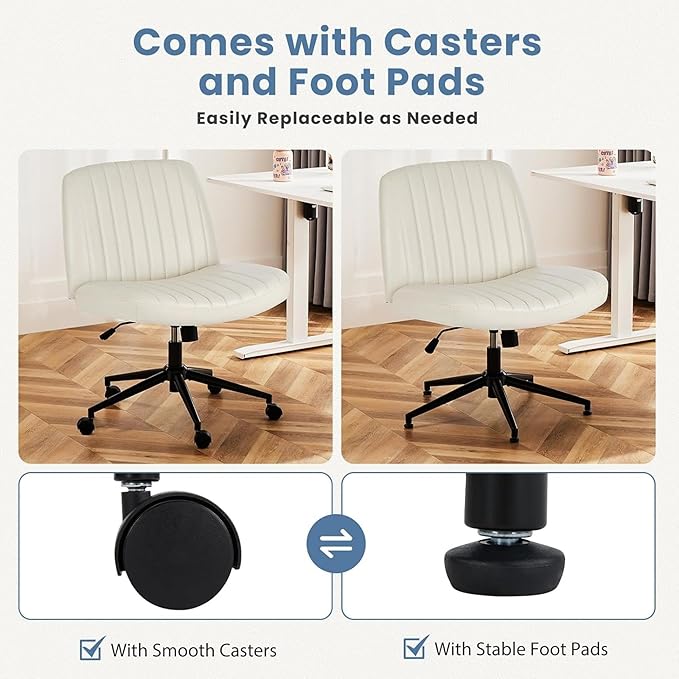 DUMOS Criss Cross Chair with Wheels, Legged Office Armless Wide Desk Seat Dual-Purpose Base, Adjustable Swivel Leather Task Vanity Home Office Desk Seating, Cream