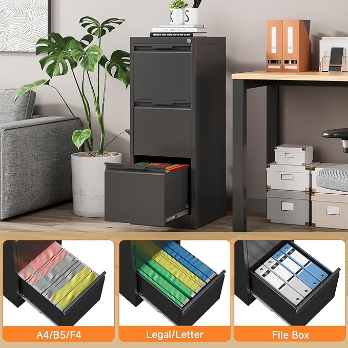 Coolsun 3 Drawer Vertical File Cabinet with Lock, Metal Filing Cabinet for Home Office, Locking File Cabinet for A4/F4/Legal/Letter, Assembly Required (Black, 3 Drawer)
