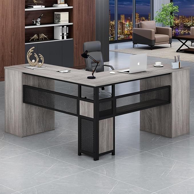 HSH Large L Shaped Desk with Storage File Cabinet，Corner L-Shaped Computer Desk with Drawers Shelves, Home Office Bedroom Metal Wood Study Writing Table Executive Workstation, Light Grey Oak, 59 Inch