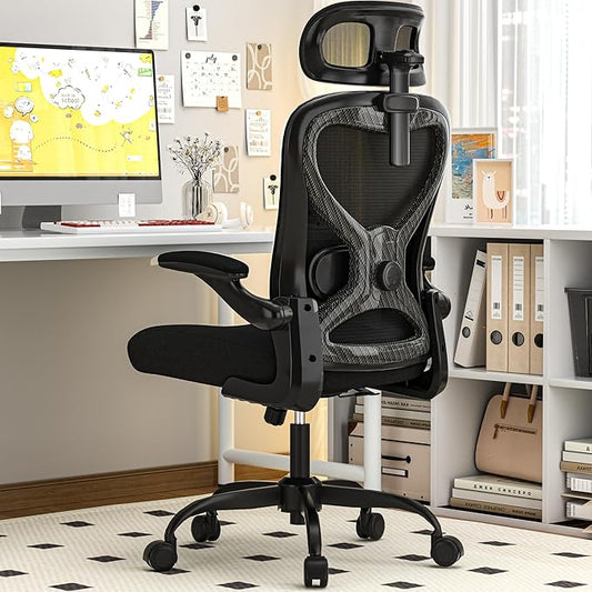 Office Chair for Back & Neck Pain Relief, Virgin Foam Seat, 2D Adjustable Lumbar & 3D Headrest, Flip-Up Armrests, Tilt & Rock for Relaxation, Black/Carbon Fiber