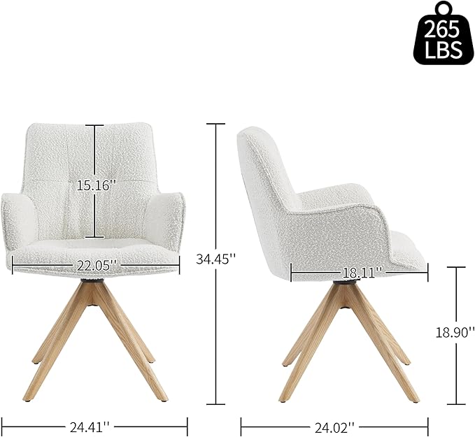Art Leon Desk Chair No Wheels - Mid Century Modern Swivel Accent Chair, Boucle Fabric Upholstered Office Chair with Oak Wood Legs for Small Space Living Room Bedroom, Off White