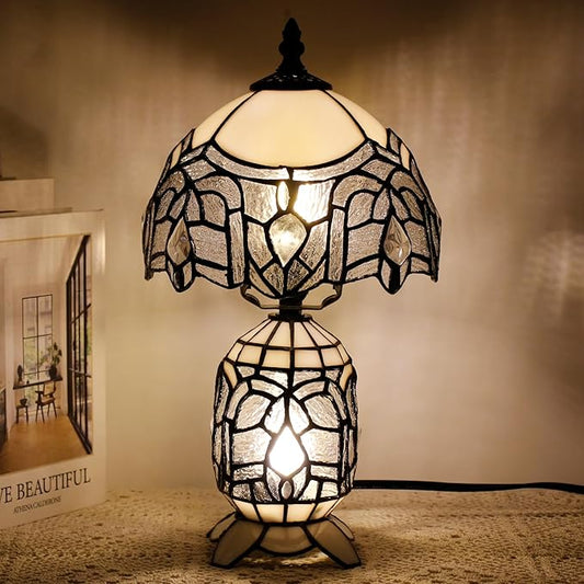 Small Tiffany Lamp Stained Glass Table Lamp Mini Mother Daughter Vase Desk Accent Light for Bedroom Bedside Reading Home Antique Style Decor 8X14 Inches (White)
