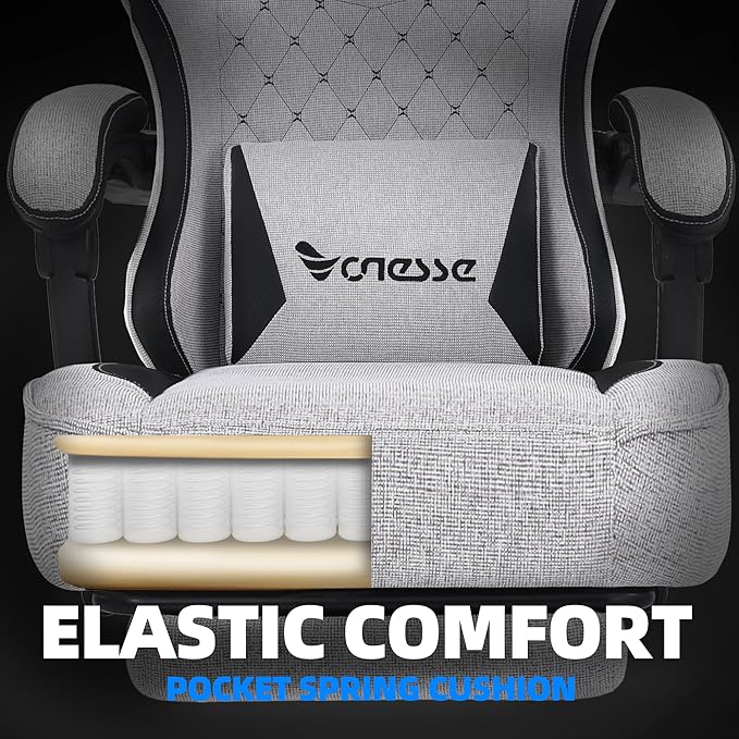 Vonesse Gaming Chair,Computer Chair Fabric with Pocket Spring Cushion,Office Chair with Footrest and Massage Lumbar Support,Reclining Gaming Chairs for Adults 250LBS (Light Gray)