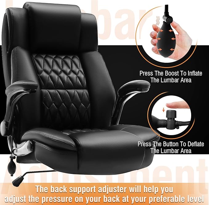 Large High Back Office Chair - Adjustable Lumbar Support, Flip Up Arms, Heavy Duty Metal Base, Breathable Bonded Leather, 2 Storage Bags, Black