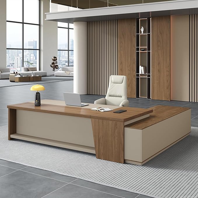 Premium Executive Desk, Modern L Shape Office Executive Desk with Drawers, Lockable Storage & Cable Management(Champagne Wood Grain+Beige/Left,79" L*63" W*30" H)