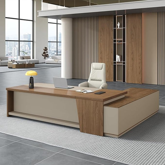 Premium Executive Desk, Modern L Shape Office Executive Desk with Drawers, Lockable Storage & Cable Management(Champagne Wood Grain+Beige/Left,79" L*63" W*30" H)