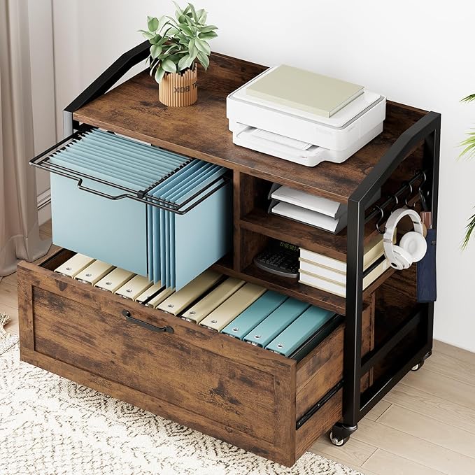 HSH Mobile Lateral File Cabinet with Drawer, Rolling Filing Cabinet with Storage Shelves & Hanging File Folders, Wooden Metal Printer Stand Fits A4 Letter Legal Size for Home Office, Rustic Brown,33In