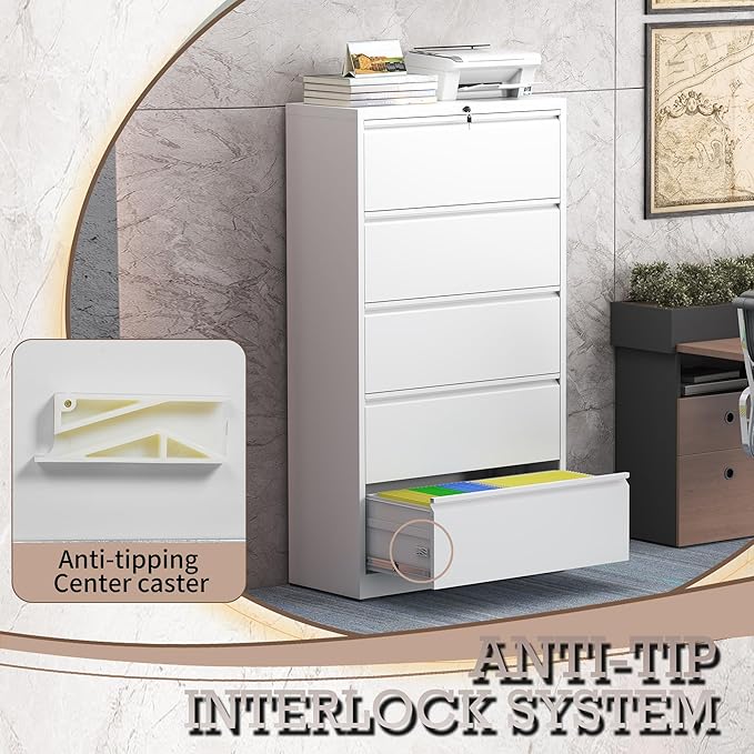 5 Drawer Lateral File Cabinet with Lock, Metal File Cabinet, Lateral File Cabinets for Home Office, Heavy Duty File Storage Cabinet for Legal/Letter/A4 Document, Assembly Required, White