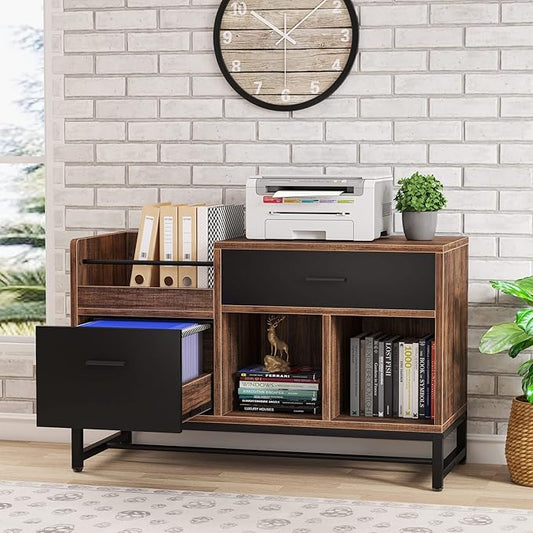 Tribesigns Rustic Brown 39 inch File Cabinet with 2 Drawers, Lateral Filing Cabinets, Printer Stand with Open Storage Shelves and Letter Size/A4 Size Drawer for Home Office