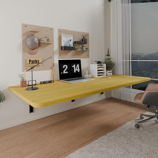 IAE 48" x 22" Floating Foldable Desk,Wall-Mounted Folding Computer Table with Engineered Wood,Study Table with Shelf Brackets,Fold Down Shelf,Fold Computer Desk for Small Spaces,Holds 500 lb,Natural