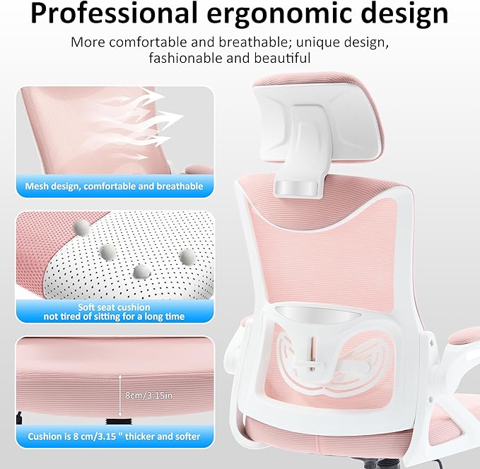 Fizzin Ergonomic Office Chair,Ergonomic Desk Chair with Headrest Mesh Computer Chair with High Back Adjustable Lumbar Support, Rolling Swivel Chairs with Wheel Armrests for Home Office(Pink)