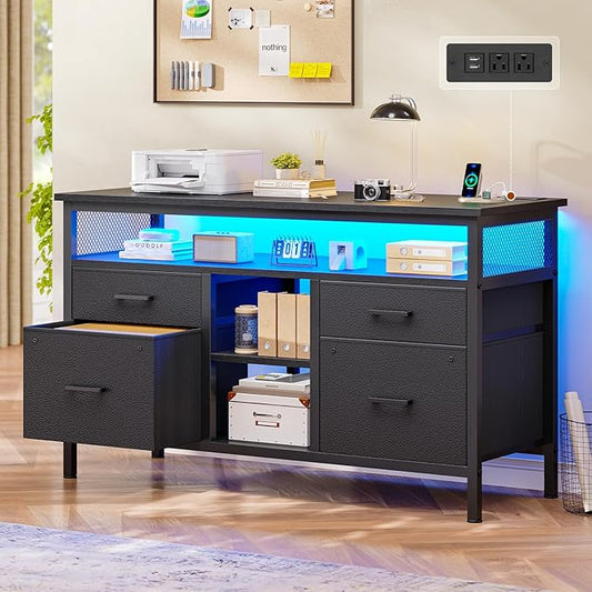 4 Drawer Lateral File Cabinet, Filing Cabinet with Outlet and LED Light, Printer Stand, Open Storage Shelf, Fabric Lateral Filing Cabinet for A4/Letter, for Home Office, Black