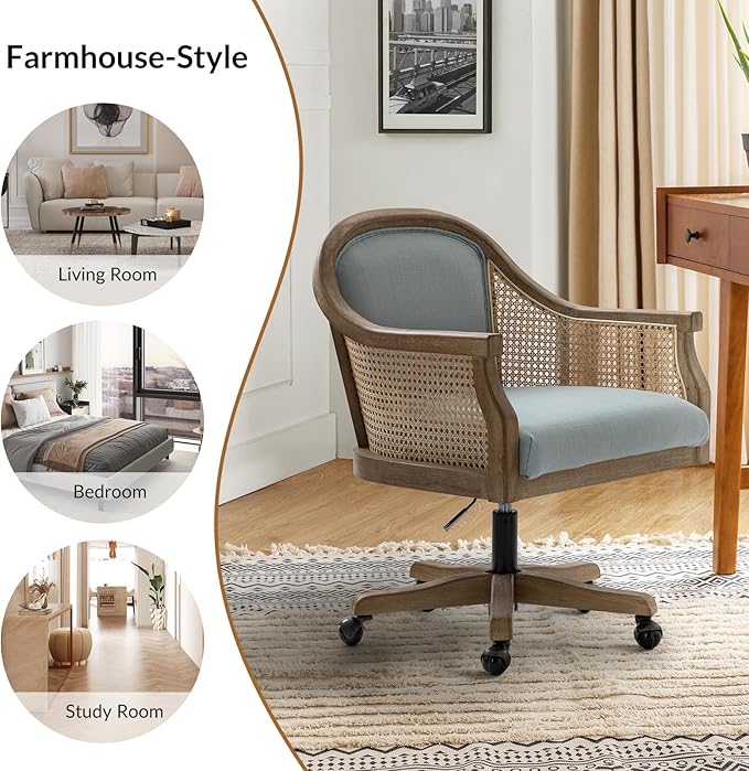 TINA'S HOME Rattan Desk Chair, Wood Upholstered Home Office Chair with Armrest, Adjustable Swivel Rolling Height Computer Task Chair for Living Room Bedroom Study Room, Blue