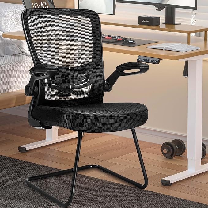 CLATINA Office Guest Chair no Wheels, Ergonomic Mesh Desk Chair Adjustable Lumbar Support and Flip Up Arms, Sled Base for Office Guest & Reception Chairs for Conference Room,Black (1PK)