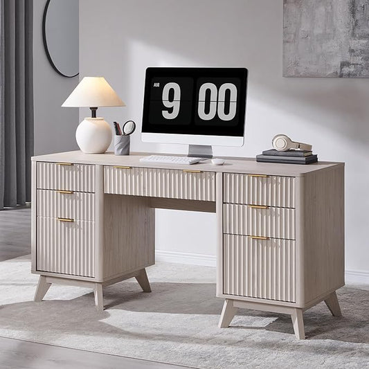 T4TREAM Modern Fluted Executive Desk with Drawers, 60" Home Office Computer Desk with Charging Station & Keyboard Tray, Alder White