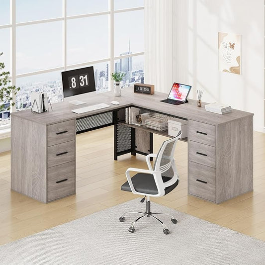 HSH Large L Shaped Desk with Storage File Cabinet，Corner L-Shaped Computer Desk with Drawers Shelves, Home Office Bedroom Metal Wood Study Writing Table Executive Workstation, Light Grey Oak, 59 Inch