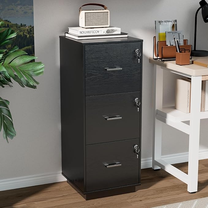 VINGLI 3 Drawer File Cabinet with Lock, Home Office Filing Organizer, for Letter Size File Folder Storage, Wood Tall Vertical Filing Cabinet, Printer Stand, Archivador (Black)