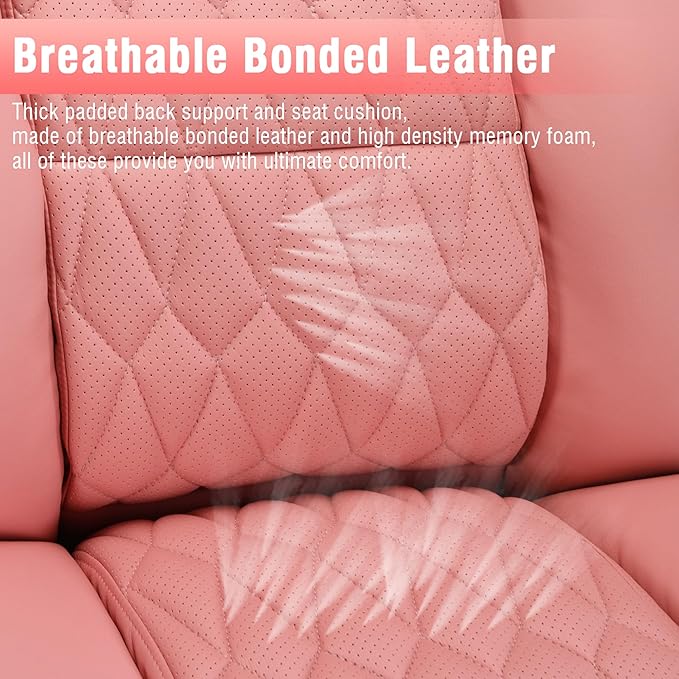Large High Back Office Chair - Adjustable Lumbar Support Flip Up Arms Heavy Duty Quiet Wheels Metal Base Breathable Bonded Leather Ergonomic Executive Computer Desk Chair with Storage Bags, Pink