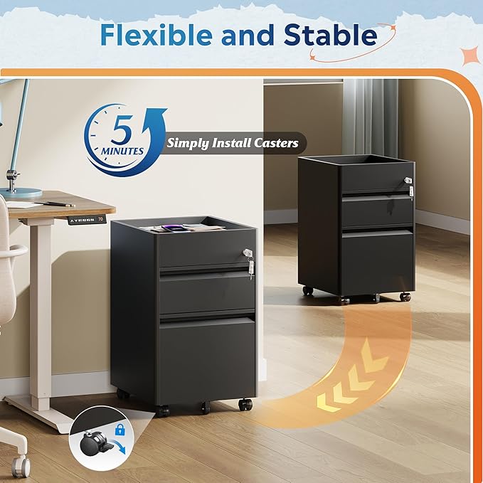 DEVAISE 2 Drawer File Cabinet with Fence, Metal Mobile Filing Cabinet Under Desk, Home Office Furniture fits Legal/A4/Letter Size, 17.7" D x 15.4" W x 25" H, Black