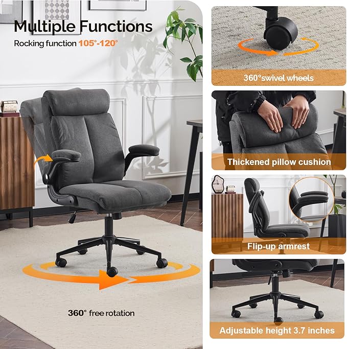VINGLI Rolling Ergonomic Office Desk Chair with Padded Flip-up Arms, 360° Swivel High Back Executive Computer Task Chair with Wheels for Game，Home Small Space, Study Room, Reading Room, Linen Black