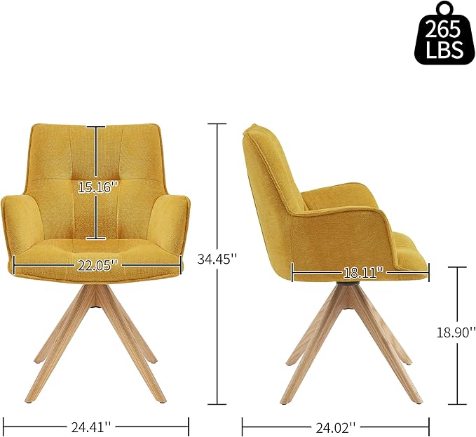 Art Leon Mid Century Modern Desk Chair - Fabric Upholstered Office Chair No Wheels, Swivel Armchair with Oak Wood Legs for Small Space Living Room Bedroom, Set of 2, Yellow